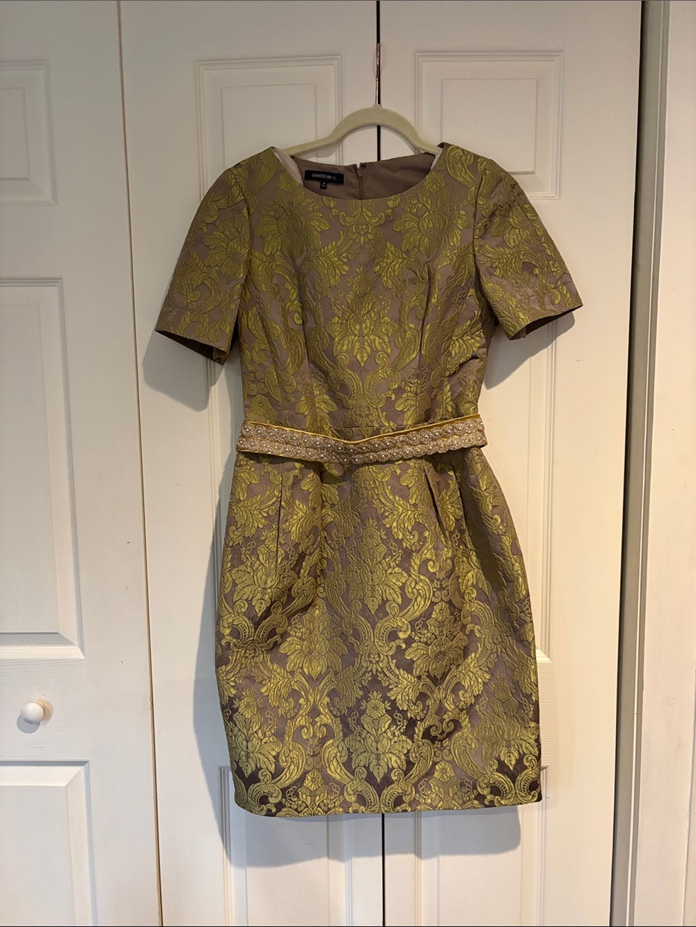 Elegant Gold Brocade Dress with belt